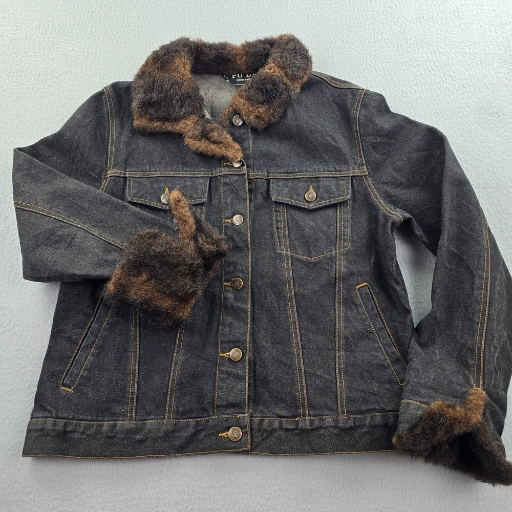 VTG Fu Da New York Jacket Womens Medium Black Denim Faux Fur Trim Button Front